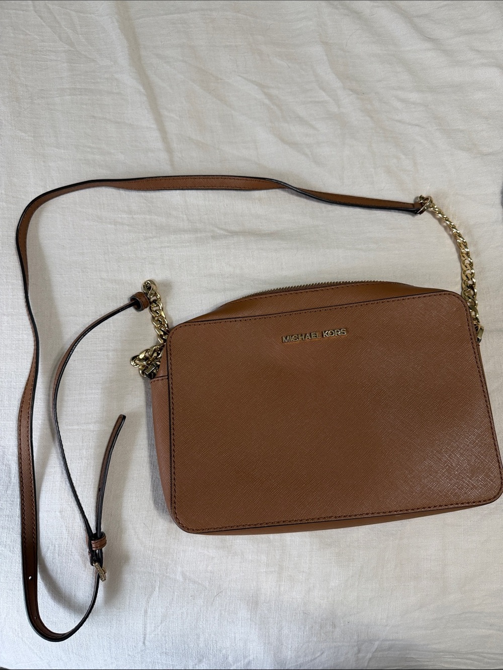 Michael Kors Tan Saffiano Leather Crossbody with Gold Chain Strap
